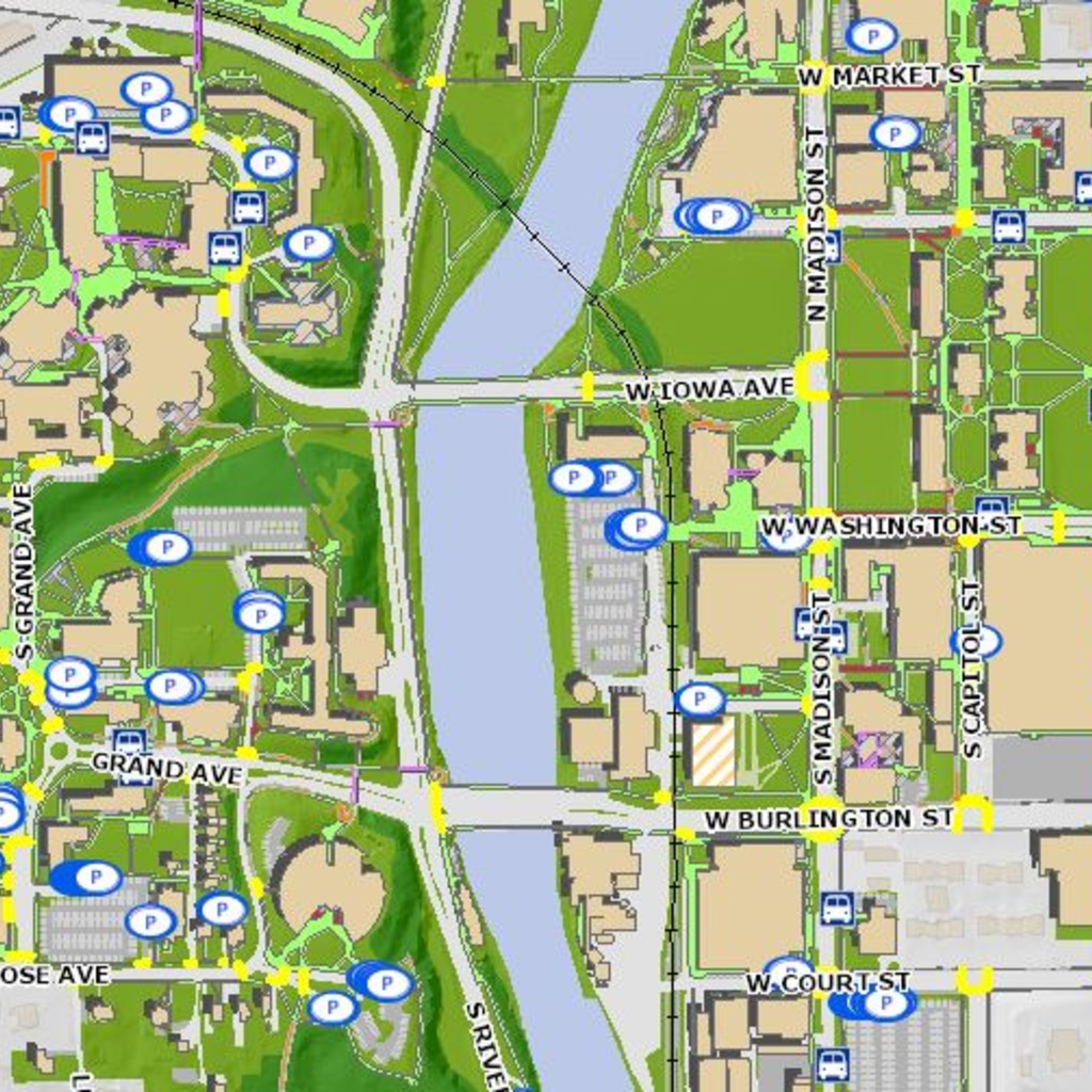 A detailed map of the University of Iowa campus detailing pathways for mobility access.